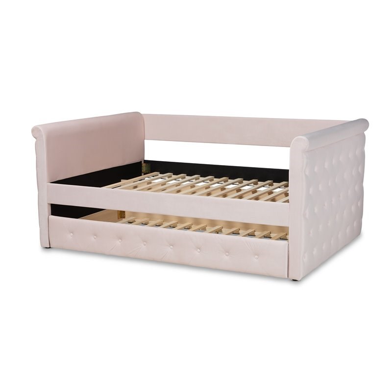 Baxton Studio Amaya Velvet and Wood Full Daybed with Trundle in Light Pink