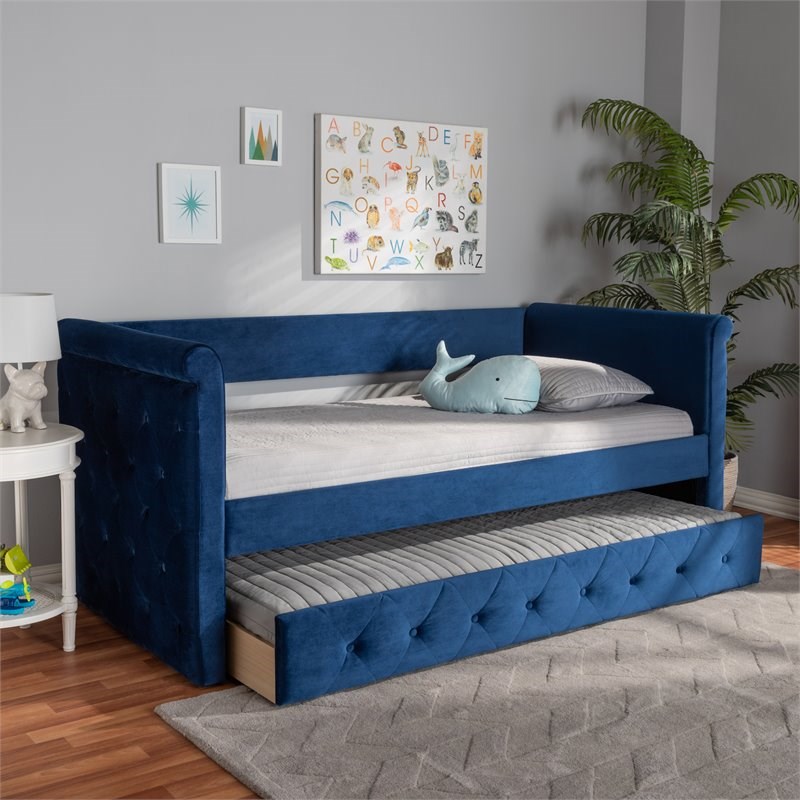 Baxton Studio Amaya Velvet and Wood Twin Daybed with Trundle in Navy