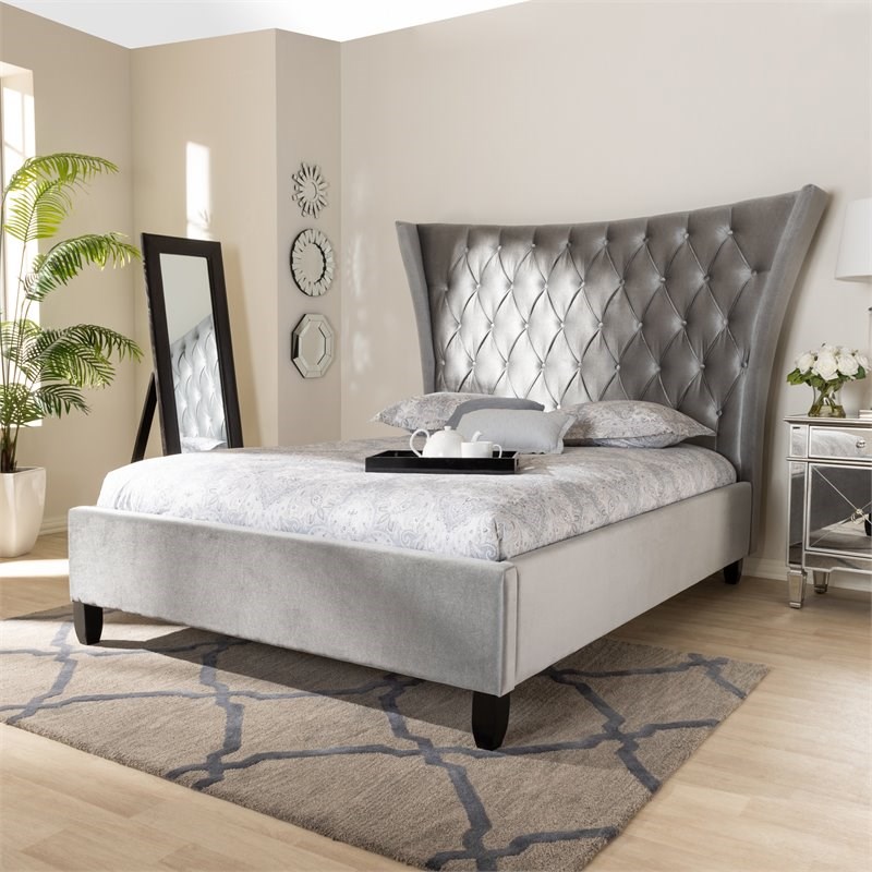 Baxton Studio Viola Modern Velvet Upholstered King Platform Bed in Gray