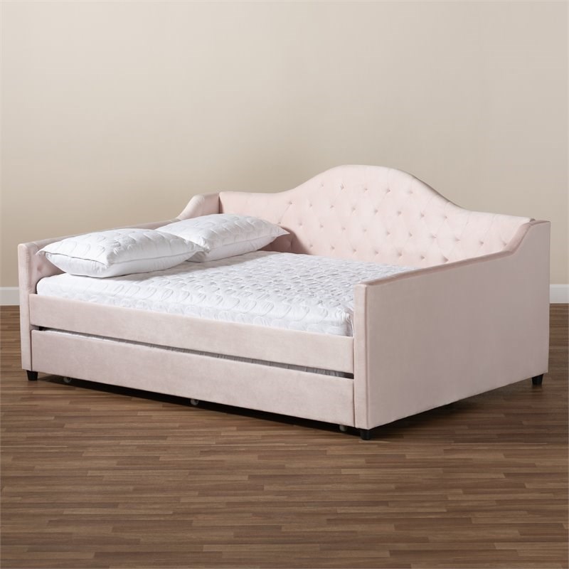 Baxton Studio Perry Velvet Upholstered Full Daybed with Trundle in Pink ...