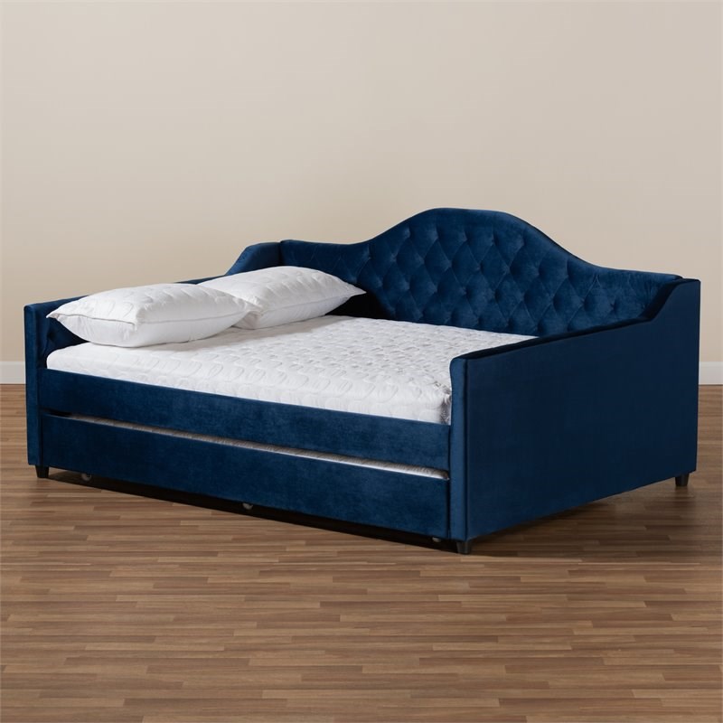 Baxton Studio Perry Velvet Upholstered Full Daybed with Trundle in Blue
