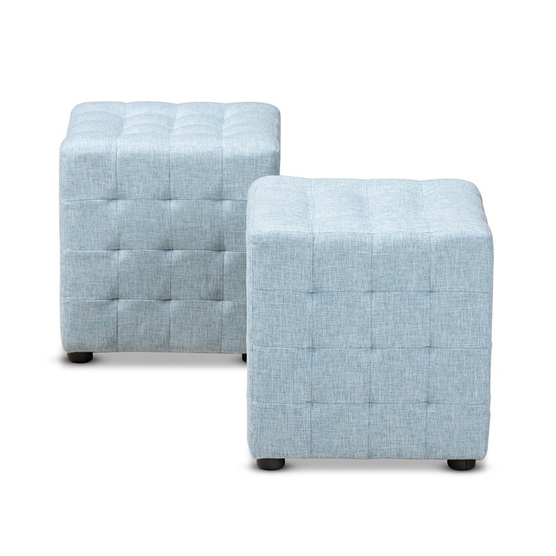 Baxton Studio Elladio  Upholstered Wood Cube Ottoman in Light Blue - Set of 2