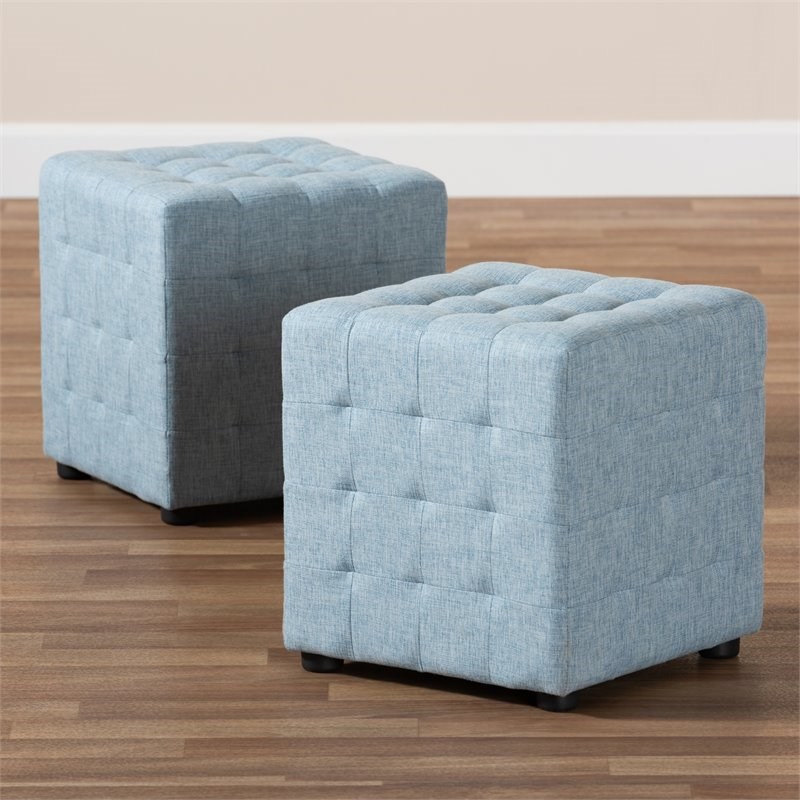 Baxton Studio Elladio  Upholstered Wood Cube Ottoman in Light Blue - Set of 2