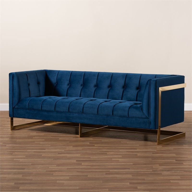 Baxton Studio Ambra Modern Velvet and Gold Finish Sofa in Royal Blue