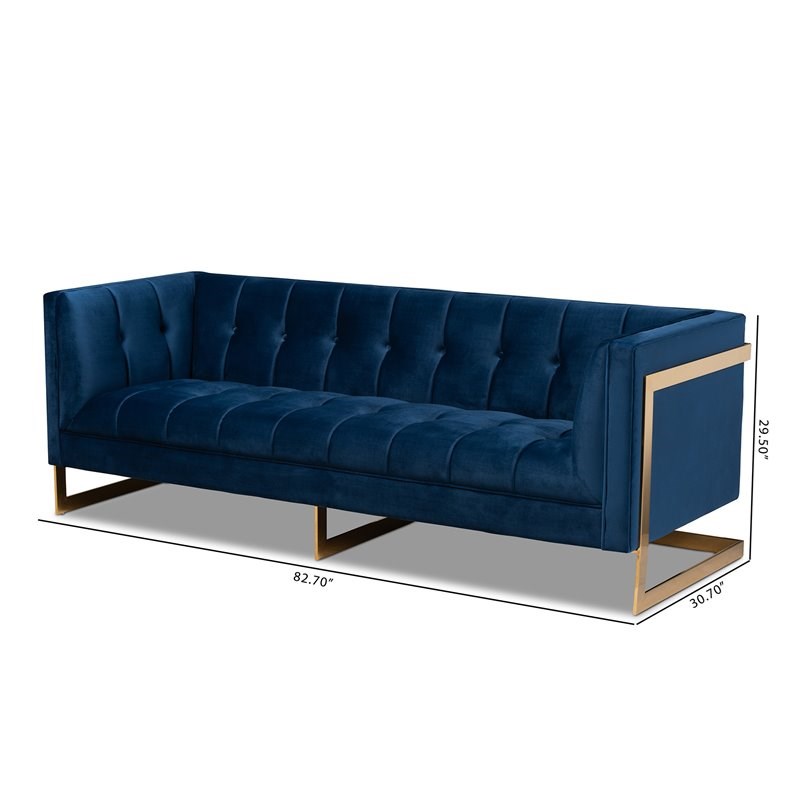 Baxton Studio Ambra Modern Velvet and Gold Finish Sofa in Royal Blue