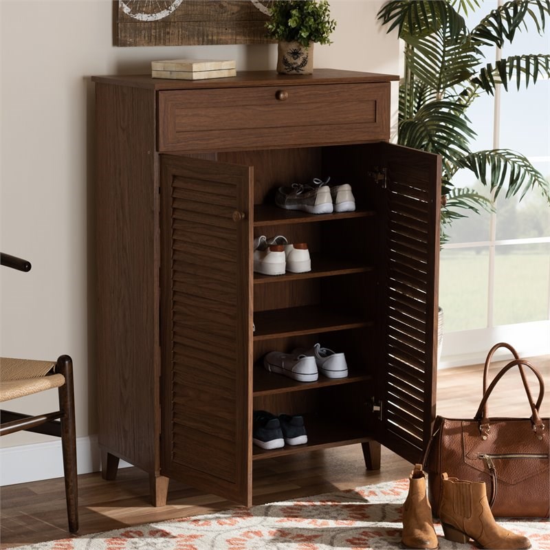 Baxton Studio Coolidge Wood 5-Shelf and Drawer Shoe Cabinet in Walnut Brown