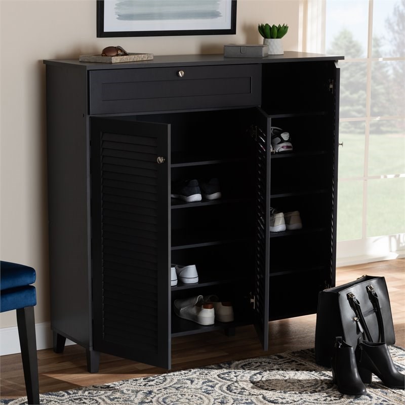 Baxton Studio Coolidge Wood 11-Shelf and Drawer Shoe Cabinet in Dark Gray