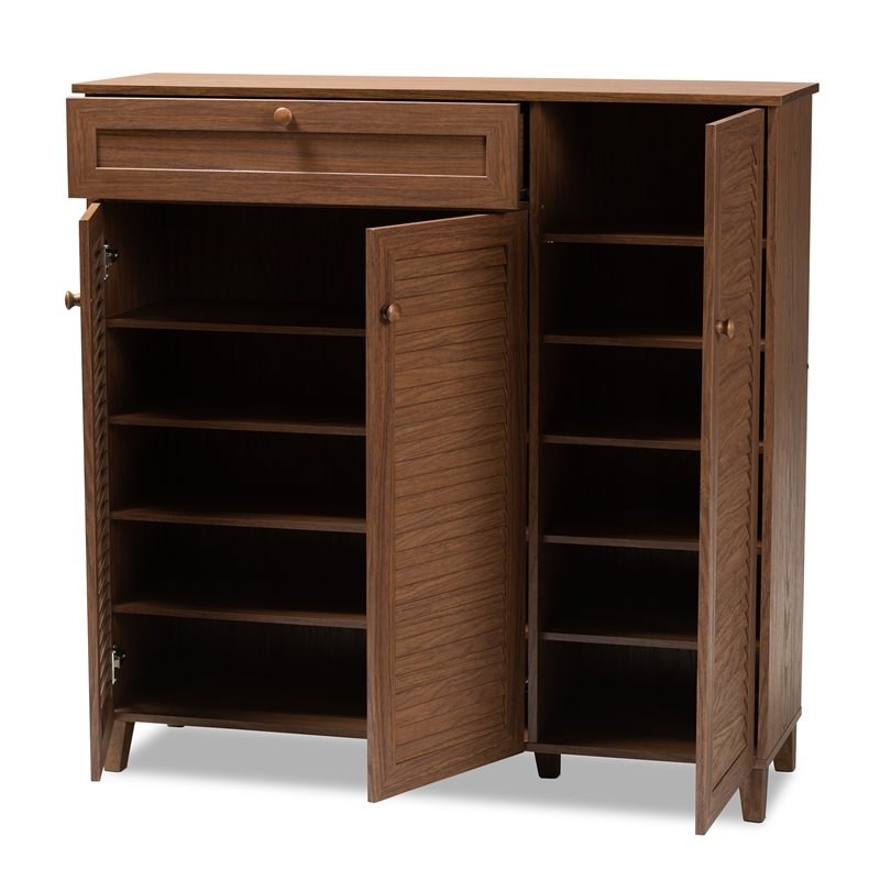 Baxton Studio Coolidge Wood 11-Shelf and Drawer Shoe Cabinet in Walnut Brown