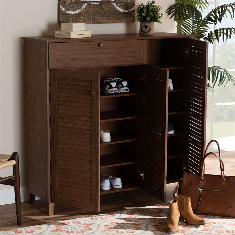 Baxton Studio Coolidge Wood 11-Shelf and Drawer Shoe Cabinet in Walnut Brown