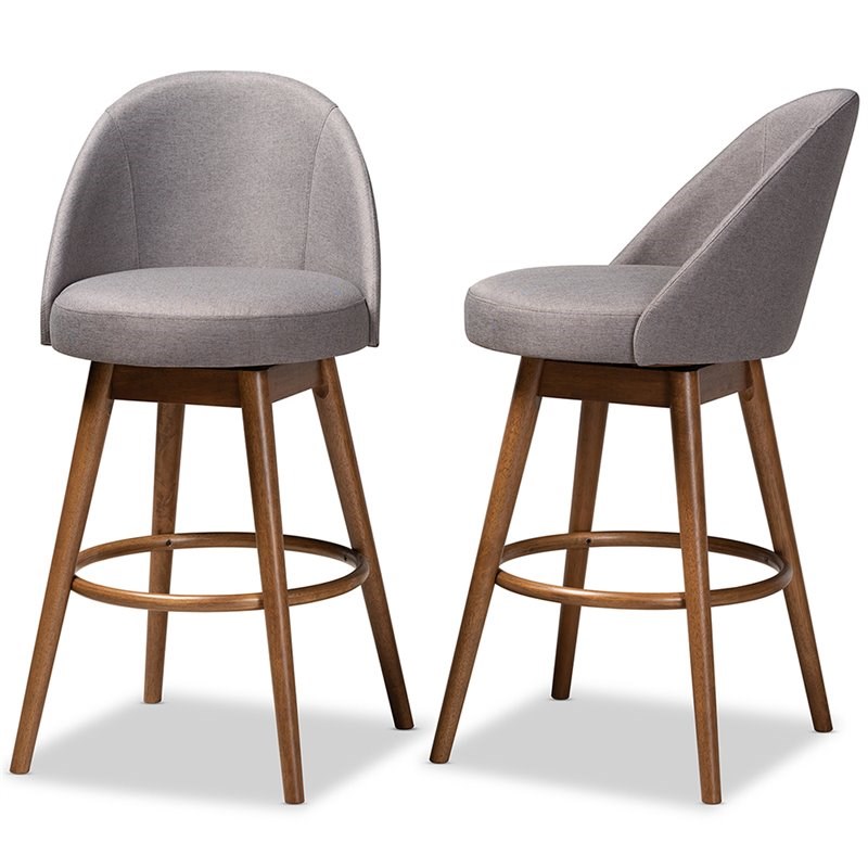 Baxton Studio Carra Gray Upholstered Swivel Bar Stool in Walnut Set