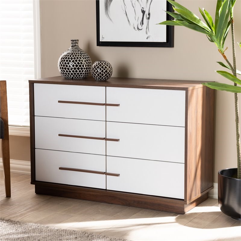 Baxton Studio Mette Mid-Century 6-Drawer Wood Dresser in White and ...