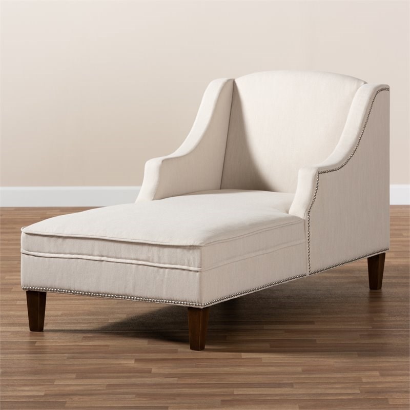 Baxton Studio Leonie Beige Upholstered Brown Finished Chaise Lounge