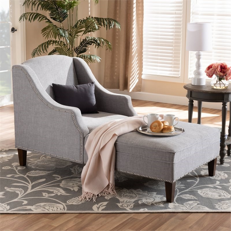 Baxton Studio Leonie Grey Upholstered Brown Finished Chaise Lounge