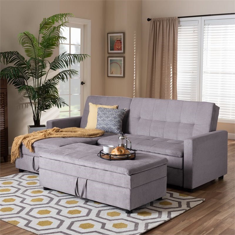 Noa Left Facing Convertible Fabric Sectional Sofa with Ottoman - Light Gray