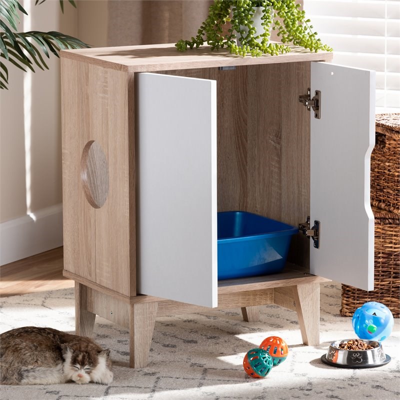 Baxton Studio Romy Oak White Finished 2-Door Wood Cat Cover House