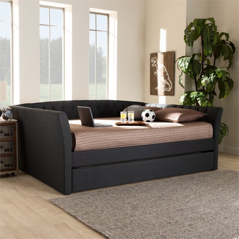 Baxton Studio Delora Full Size Dark Grey Upholstered Daybed with Trundle