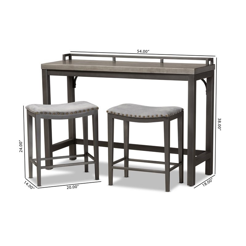 Baxton Studio Noll Gray Upholstered 3-Piece Metal Counter Table Set ...