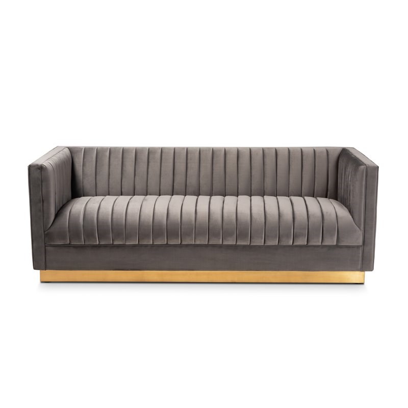 Baxton Studio Aveline Gray Velvet Upholstered Gold Finished Sofa