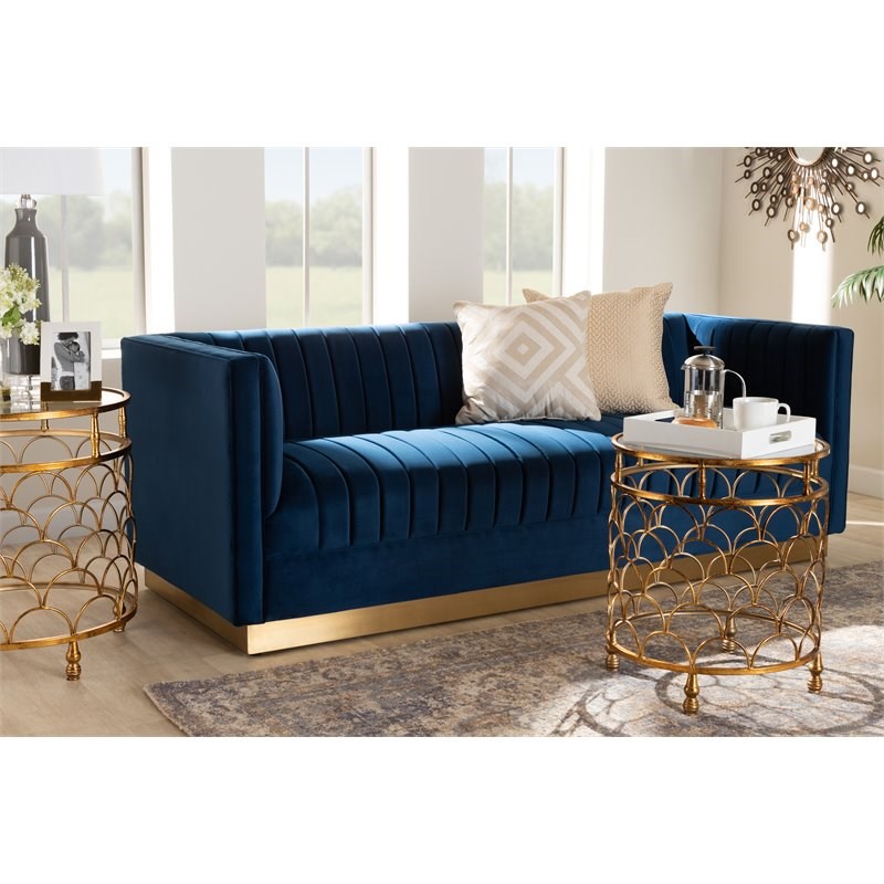 Baxton Studio Aveline Navy Blue Fabric Upholstered Gold Finished Sofa