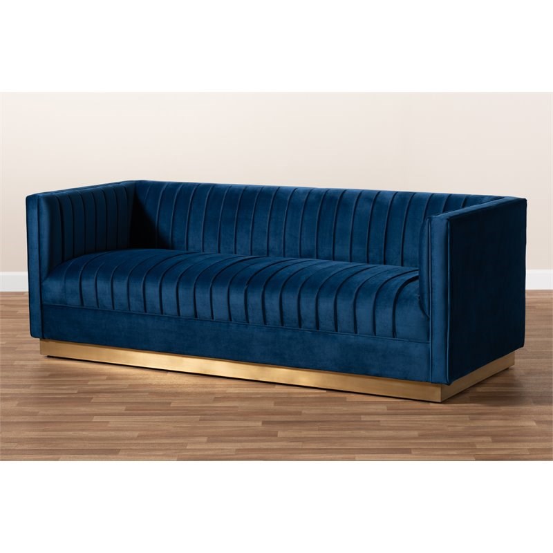 Baxton Studio Aveline Navy Blue Fabric Upholstered Gold Finished Sofa ...