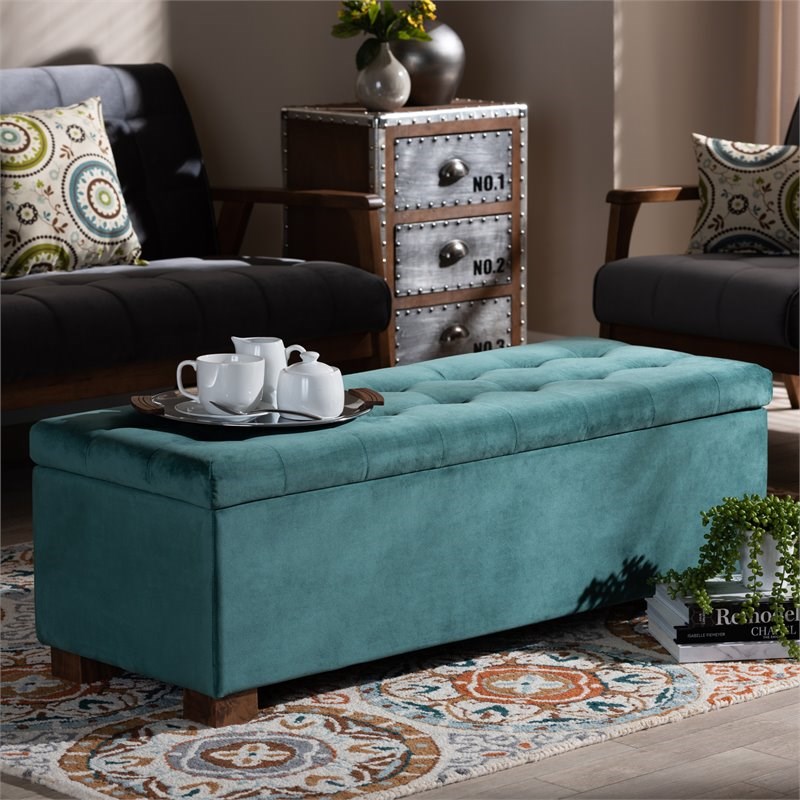 Baxton Studio Roanoke Teal Blue Velvet Upholstered Storage Ottoman