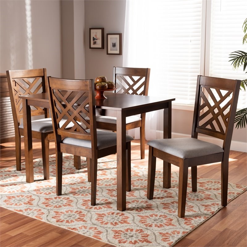 Baxton Studio Caron Upholstered Walnut Wood 5-Piece Dining Set in Gray ...