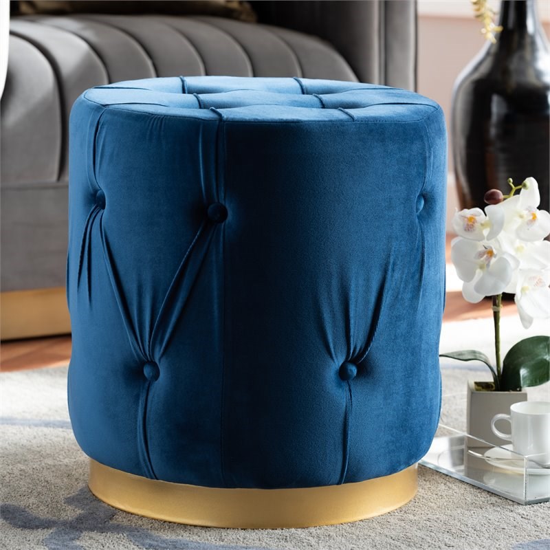 Baxton Studio Gaia Velvet Upholstered Gold Finish Ottoman in Navy Blue
