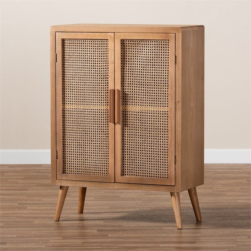 Baxton Studio Alina Oak Finished Wood and Rattan 2-Door Storage Cabinet