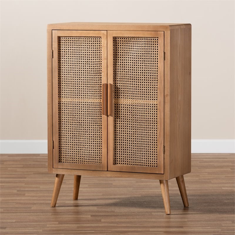 Baxton Studio Alina Oak Finished Wood and Rattan 2Door Storage