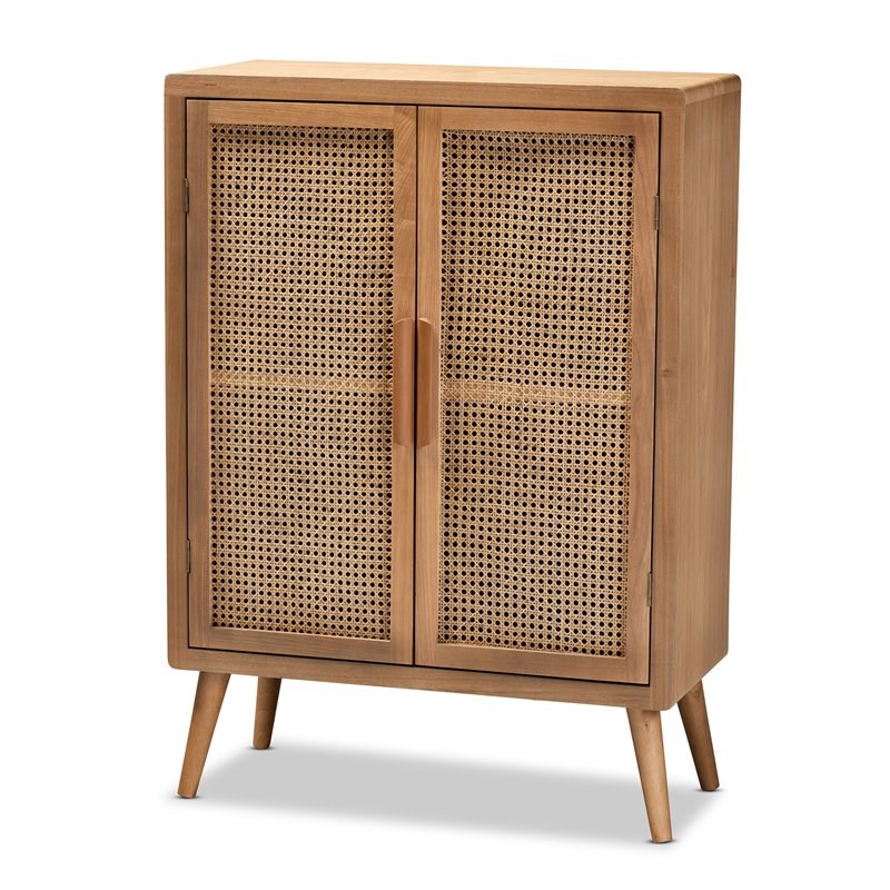 Baxton Studio Alina Oak Finished Wood and Rattan 2-Door Storage Cabinet