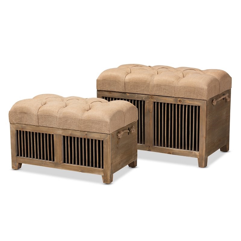 Baxton Studio Clement Beige Upholstered Oak 2Piece Wood Storage Ottoman Set Homesquare