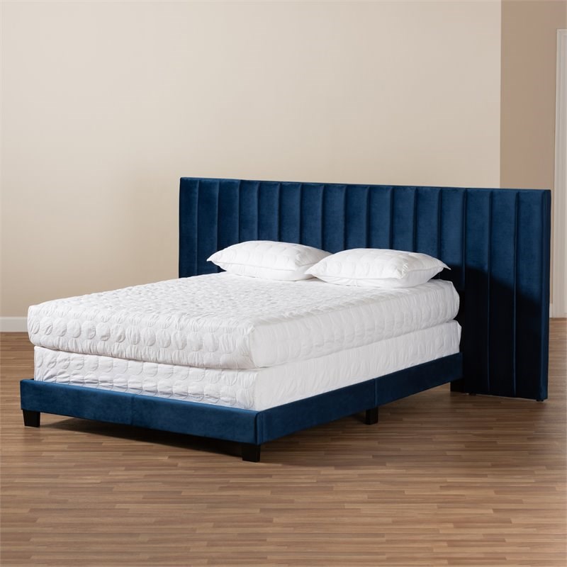 Baxton Studio Fiorenza King Size Navy Blue Velvet Panel Bed with