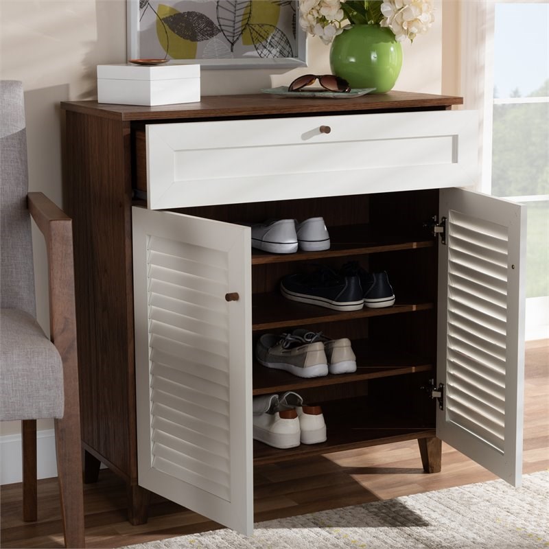 Baxton Studio Coolidge White and Walnut 4-Shelf Wood Shoe Cabinet with ...