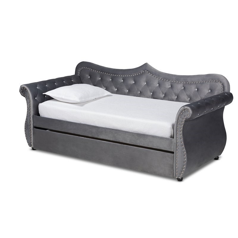 Baxton Studio Abbie Twin Size Gray Velvet Crystal Tufted Daybed With   1988098 L 