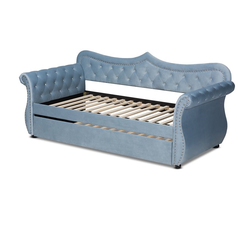 Baxton Studio Abbie Twin Size Light Blue Velvet Tufted Daybed with