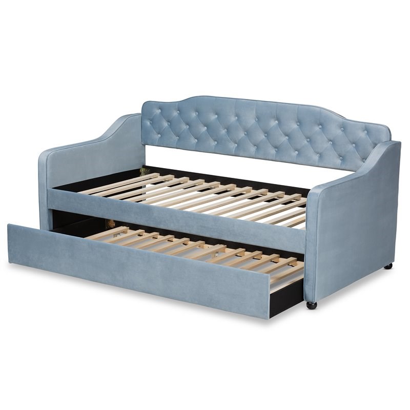 Baxton Studio Freda Twin Size Light Blue Velvet Tufted Daybed With 