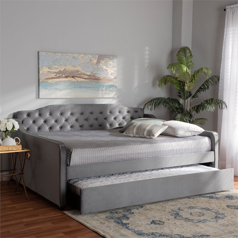 Baxton Studio Freda Gray Velvet Button Tufted Full Size Wood Daybed