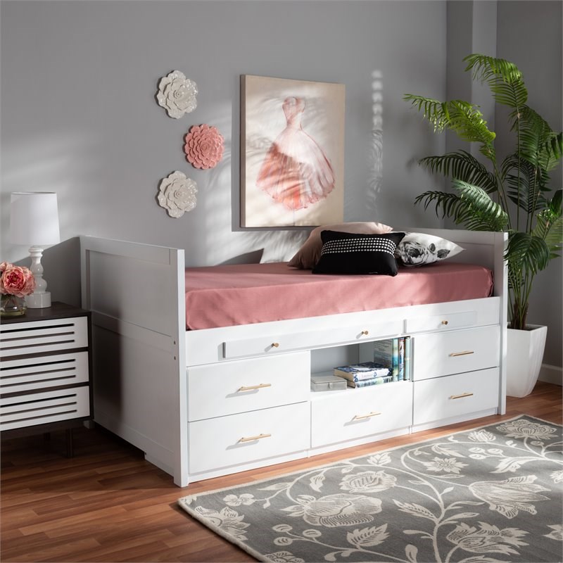 Baxton Studio Mirza White Finished Wood, Twin Size Bed With Pull Out Storage