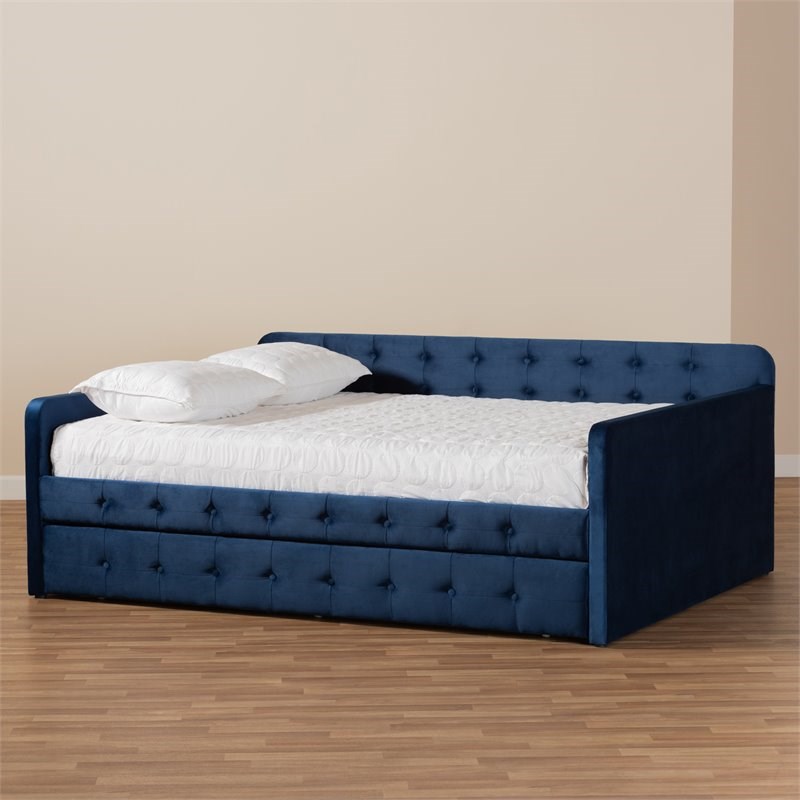 Baxton Studio Jona Navy Blue Velvet Upholstered Queen Size Daybed with ...