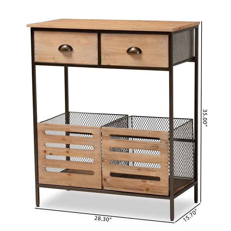 Baxton Studio Oak Brown Wood and Black Metal 2-Drawer Kitchen Storage Cabinet