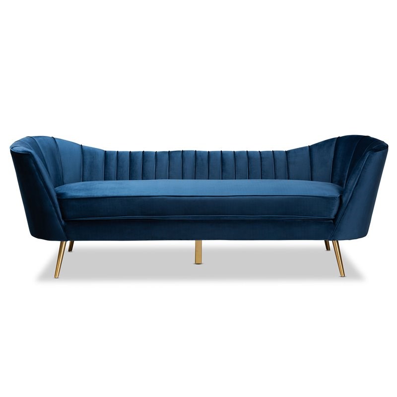 Baxton Studio Kailyn Blue Velvet Fabric Upholstered and Gold Finished Sofa