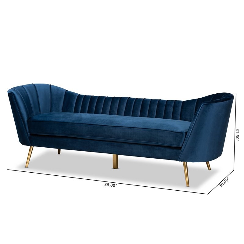 Baxton Studio Kailyn Blue Velvet Fabric Upholstered and Gold Finished Sofa