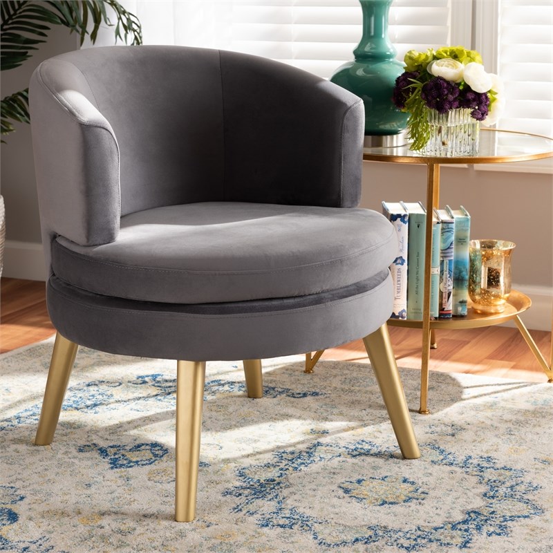 Baxton Studio Grey Velvet Fabric Upholstered and Gold Finished Wood Accent Chair