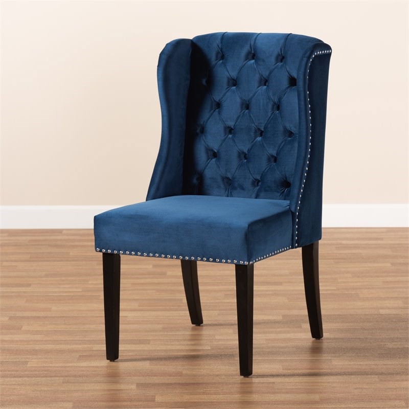 Baxton Studio Blue Upholstered and Brown Finished Wood Wingback Dining Chair