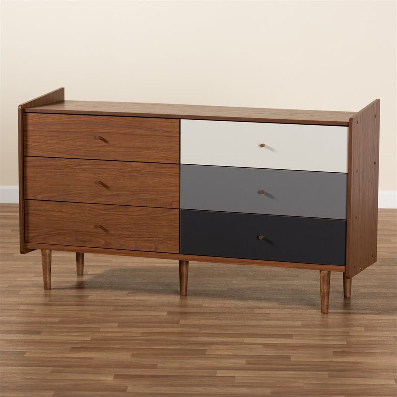 Baxton Studio Halden Walnut Brown and Grey Finished Wood 6-Drawer Dresser