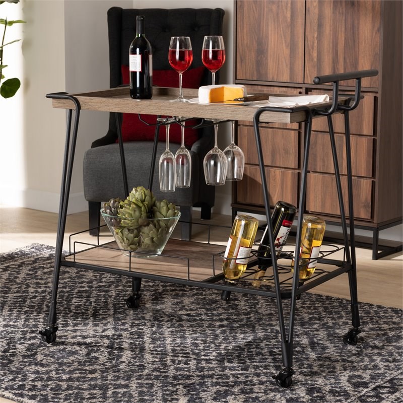 Baxton Studio Perilla and Brown Finished Wood and Black Metal Serving Cart