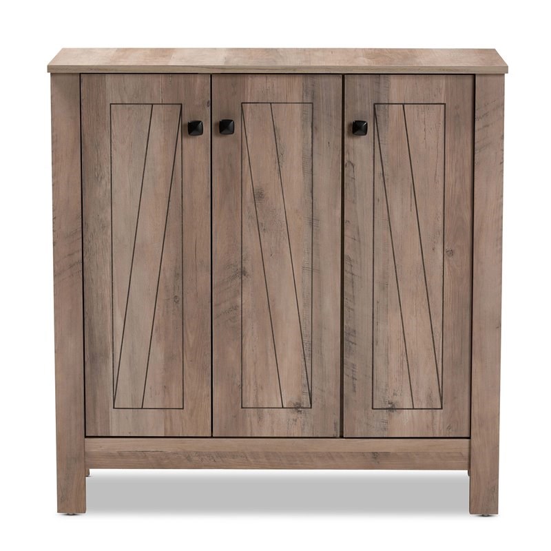Baxton Studio Derek Natural Oak Finished Wood 3-Door Shoe Cabinet
