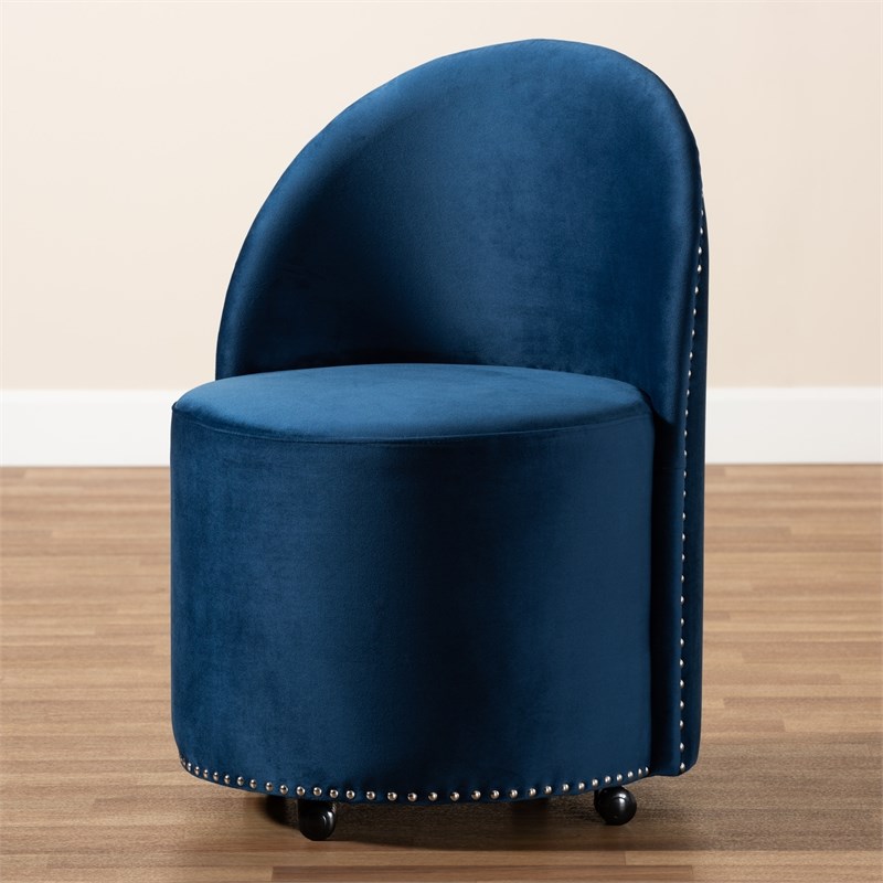 Baxton Studio Bethel Navy Blue Velvet Fabric Upholstered Rolling Accent Chair
