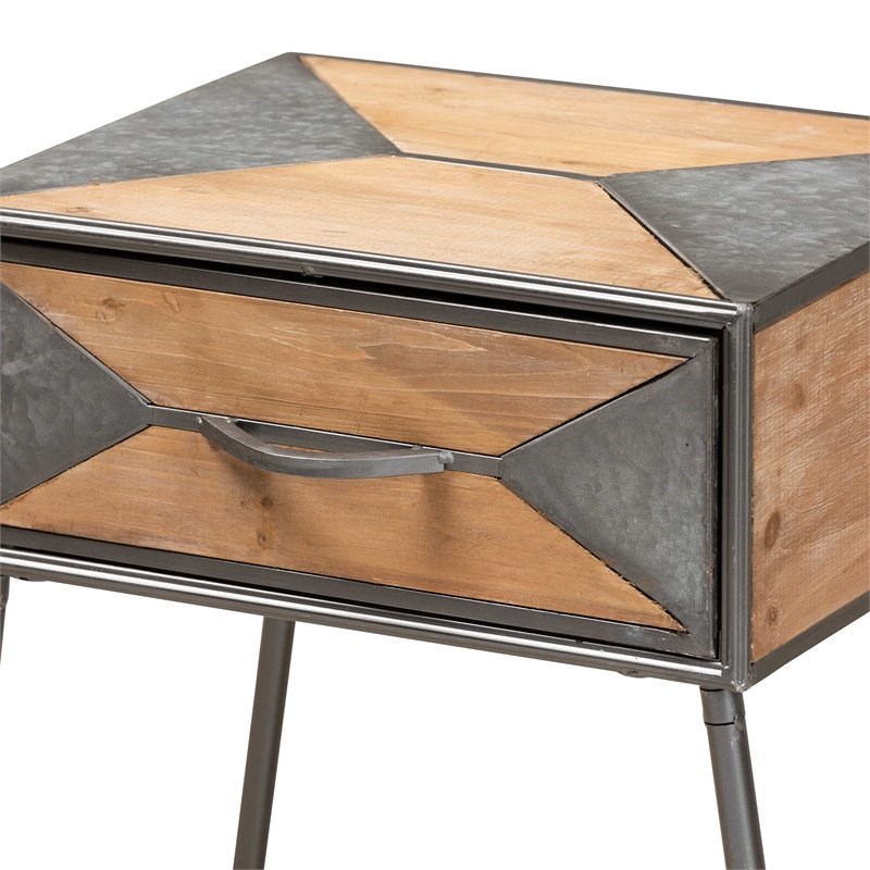Baxton Studio Laurel Grey Metal and Whitewashed Brown Wood 1-Drawer End Table