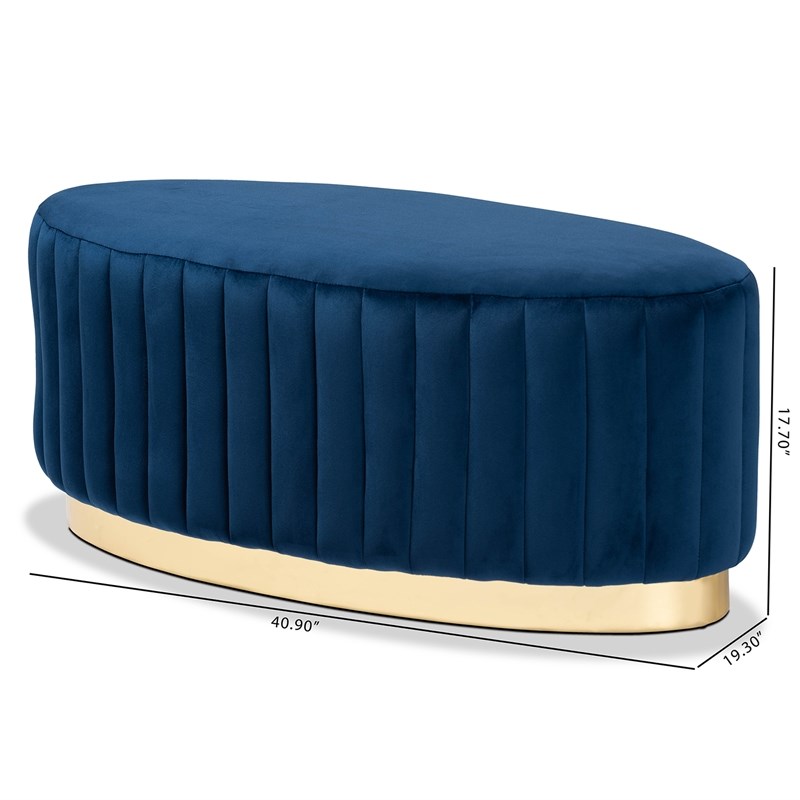 Baxton Studio Kirana Navy Blue Velvet Fabric Upholstered and Gold PU Ottoman